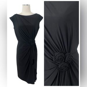 Jones Studio Black Stretch Bodycon Ruched Asymmetrical Midi Cocktail Dress Sz 6